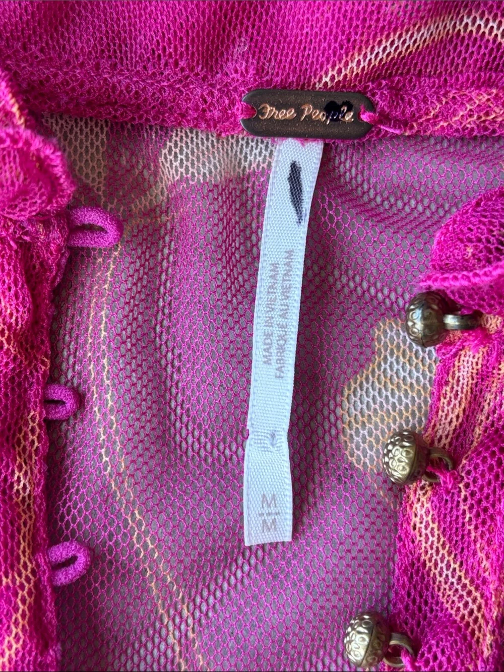Free People Fuchsia Floral Mesh Smocked Peasant Top Boho Fairycore Y2K size M